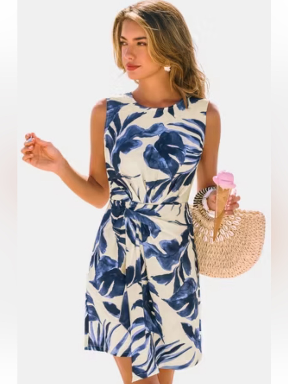 Cupshe Navy Floral Tropical Print Faux Wrap Dress SZ L NEW